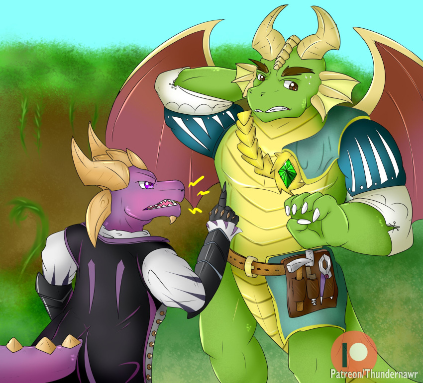 activision anthro anthrofied clothing curved_horn dragon duo gloves green_body handwear hi_res horn humor jewelry male male/male mythological_creature mythological_scalie mythology nestor_(spyro) pendant purple_body rescued_dragons_(spyro) scalie scolding semi-anthro size_difference spyro spyro_reignited_trilogy spyro_the_dragon tail thundernawr tool_belt wings