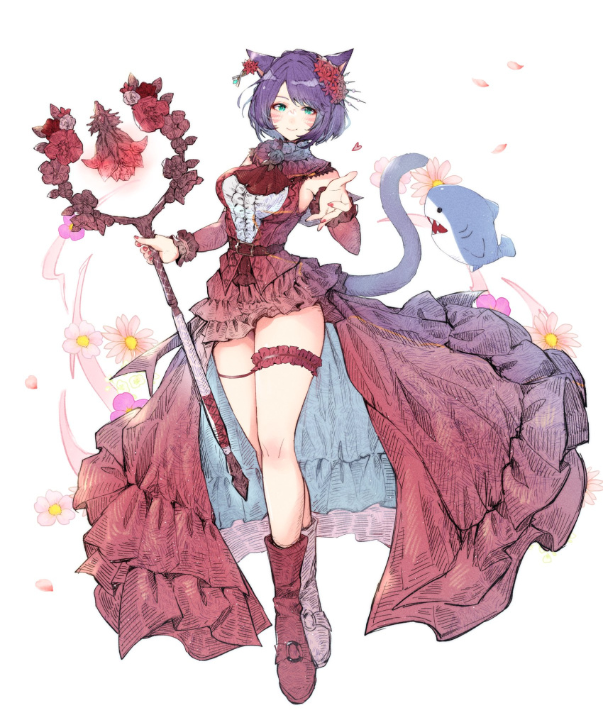 animal_ears braid breasts cat_ears cat_girl cat_tail crown_braid detached_sleeves earrings facial_mark female final_fantasy final_fantasy_xiv flower full_body green_eyes hair_flower hair_ornament highres holding holding_staff jewelry miqo'te mokokoiro nail_polish outstretched_arm purple_hair red_footwear red_nails shoes short_hair solo staff tail thigh_strap warrior_of_light_(ff14) white_background