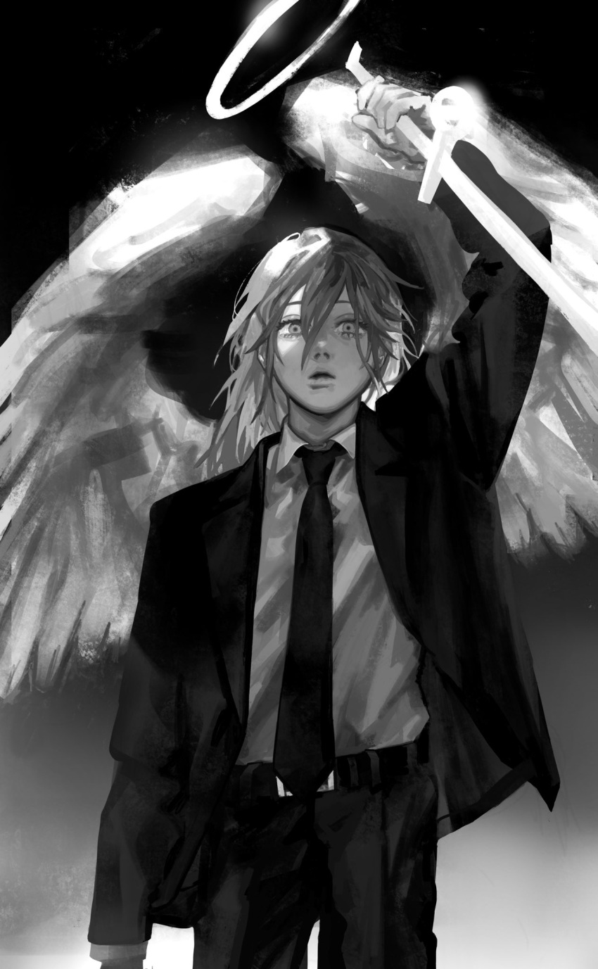 1boy androgynous angel angel_devil_(chainsaw_man) angel_wings arm_up belt black_background chainsaw_man collared_shirt cowboy_shot dress_shirt feathered_wings formal gradient_background greyscale hair_between_eyes halo highres holding holding_weapon long_hair long_sleeves looking_at_viewer male_focus monochrome necktie parted_lips reverse_grip seki_(fyfyfy) shirt shirt_tucked_in simple_background solo standing suit sword weapon white_wings wings