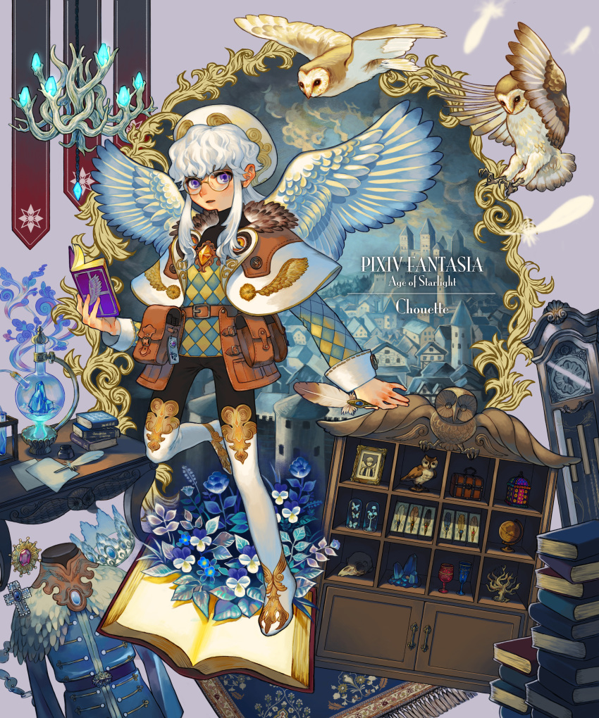 absurdres alchemy alcohol_burner argyle belt_pouch bird book book_stack cabinet carving chandelier character_name chouette_(pixiv_fantasia_age_of_starlight) clock copyright_name cross crystal desk drawing_(object) feather_trim feathers full_body globe grandfather_clock highres jewelry long_sleeves open_book owl paper pixiv_fantasia pixiv_fantasia_age_of_starlight pouch quill rug sidelocks skull standing standing_on_one_leg sumika_inagaki test_tube uniform white_hair white_headwear white_legwear white_wings wings