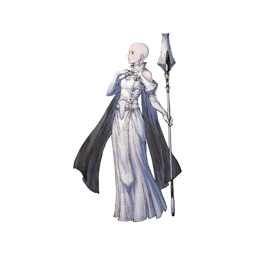 bald bald_girl bare_shoulders black_cape blue_eyes breasts cape cleavage cleavage_cutout clothing_cutout detached_sleeves dress earrings elbow_gloves f66x_(nier) female fingerless_gloves full_body gloves highres jewelry long_dress medium_breasts nier_(series) nier_reincarnation official_art solo staff tabard white_background white_dress white_gloves yoshida_akihiko