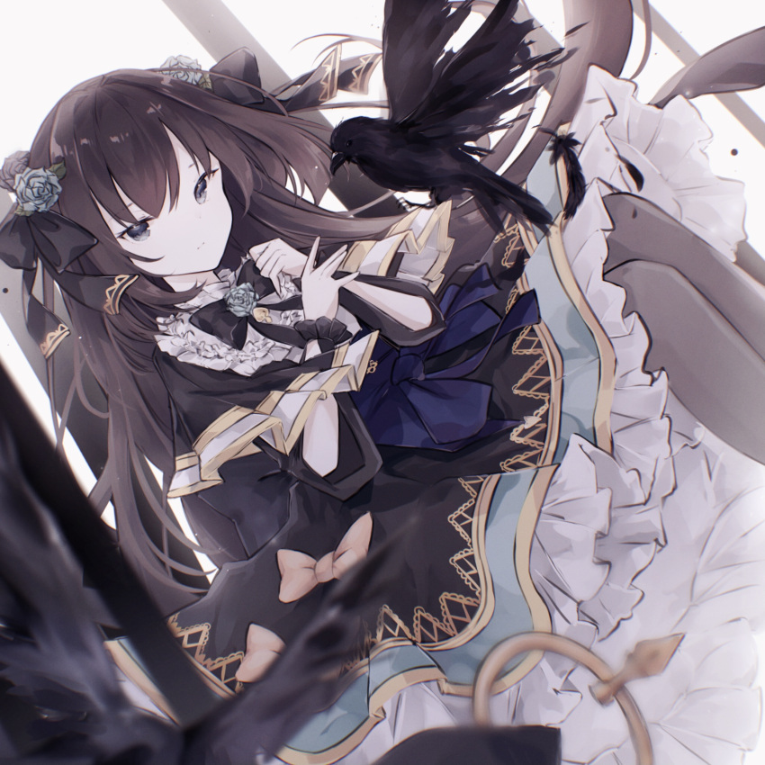 arcaea bird black_bow black_dress black_eyes bow brown_hair brown_legwear closed_mouth commentary crow dress dutch_angle expressionless feet_out_of_frame female flower frilled_dress frills gold_trim hair_flower hair_ornament hairbow hands_up highres korean_commentary layered_dress legs_together long_hair long_sleeves looking_at_viewer middle_w miyu_(miy_u1308) shirt sidelocks sitting solo tairitsu_(arcaea) tairitsu_(grievous_lady)_(arcaea) w wrist_cuffs