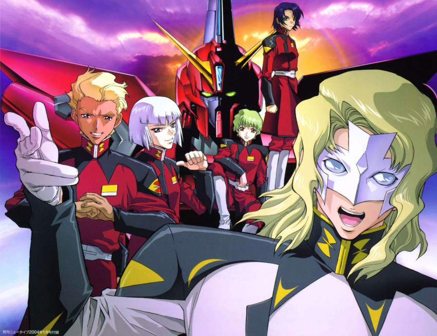 4boys aegis_gundam artist_request athrun_zala blonde_hair blue_eyes blue_hair dearka_elsman green_eyes green_hair gundam gundam_seed highres male_focus mask mecha military military_uniform multiple_boys nicol_amafli official_art purple_eyes rau_le_creuset robot scan uniform white_hair yzak_joule