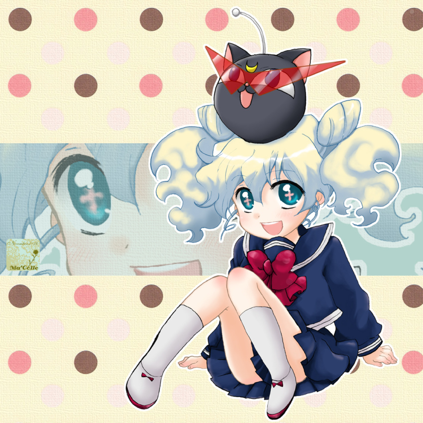 bad_id bad_pixiv_id bishoujo_senshi_sailor_moon bishoujo_senshi_sailor_moon_r blue_sailor_collar chibi_usa chibi_usa_(cosplay) cone_hair_bun cosplay double_bun female hair_bun hazuki_(pacco) juuban_elementary_school_uniform kamina_shades long_hair luna-p nia_teppelin sailor_collar school_uniform socks solo tengen_toppa_gurren_lagann triangular_eyewear twintails