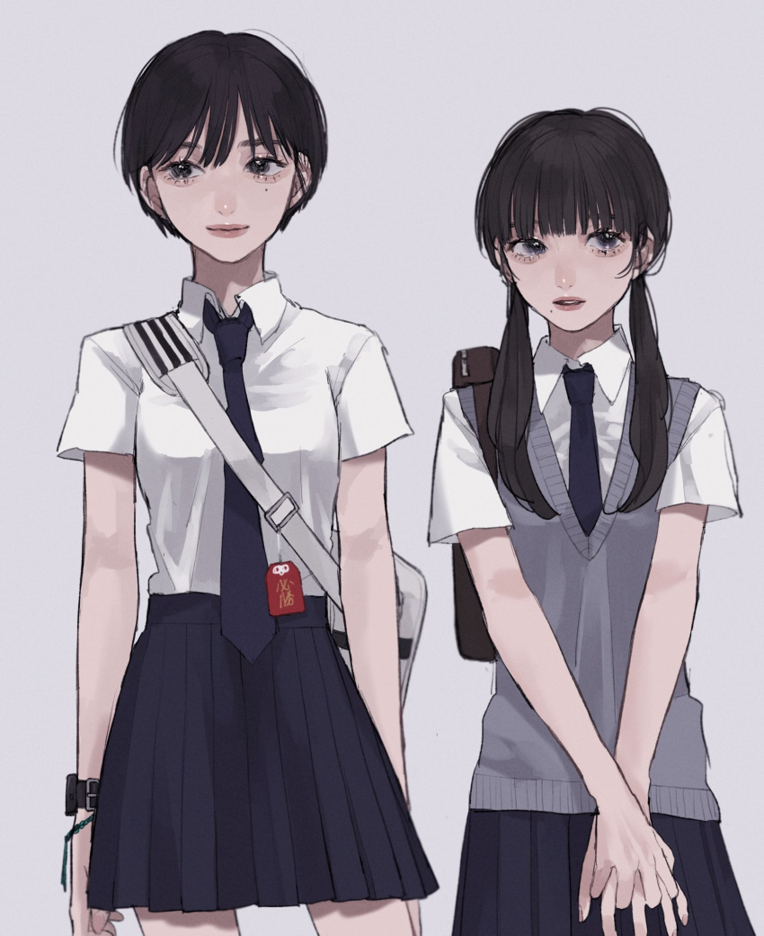 2girls bag black_eyes black_hair blue_skirt highres looking_to_the_side mole mole_under_eye mole_under_mouth multiple_girls necktie original own_hands_together school_bag school_uniform short_hair skirt tami_moon twintails