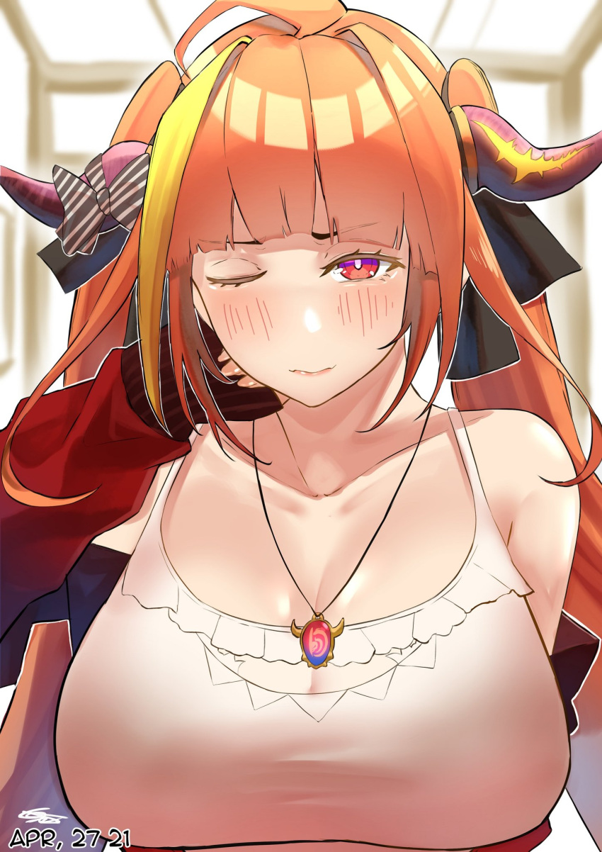 ahoge bare_shoulders black_ribbon blonde_hair blunt_bangs blush bow breasts bright_pupils camisole cleavage cleavage_cutout closed_mouth clothing_cutout collarbone dated diagonal-striped_bow diagonal_stripes dragon_girl dragon_horns english_commentary fangs female frilled_camisole frills genm7 hair_intakes hair_ribbon hand_on_own_cheek hand_on_own_face hand_up highres hololive horn_bow horn_ornament horns jacket jewelry kiryu_coco kiryu_coco_(loungewear) large_breasts light_smile long_hair long_sleeves looking_at_viewer multicolored_eyes multicolored_hair off_shoulder official_alternate_costume one_eye_closed open_clothes open_jacket orange_hair pendant purple_eyes red_eyes red_jacket ribbon sidelocks skin_fangs sleeves_past_wrists solo spaghetti_strap streaked_hair striped striped_bow track_jacket twintails upper_body virtual_youtuber white_camisole white_pupils