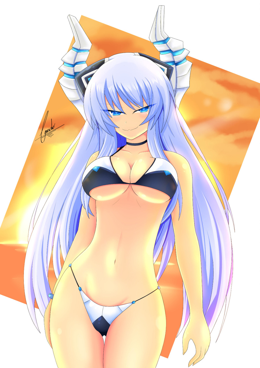 absurdres bikini blue_eyes blue_hair breasts cleavage collarbone cundodeviant female hair_ornament highres horn kiseijou_rei_(goddess_form) large_breasts long_hair navel neptune_(series) smile solo swimsuit transformation watermark