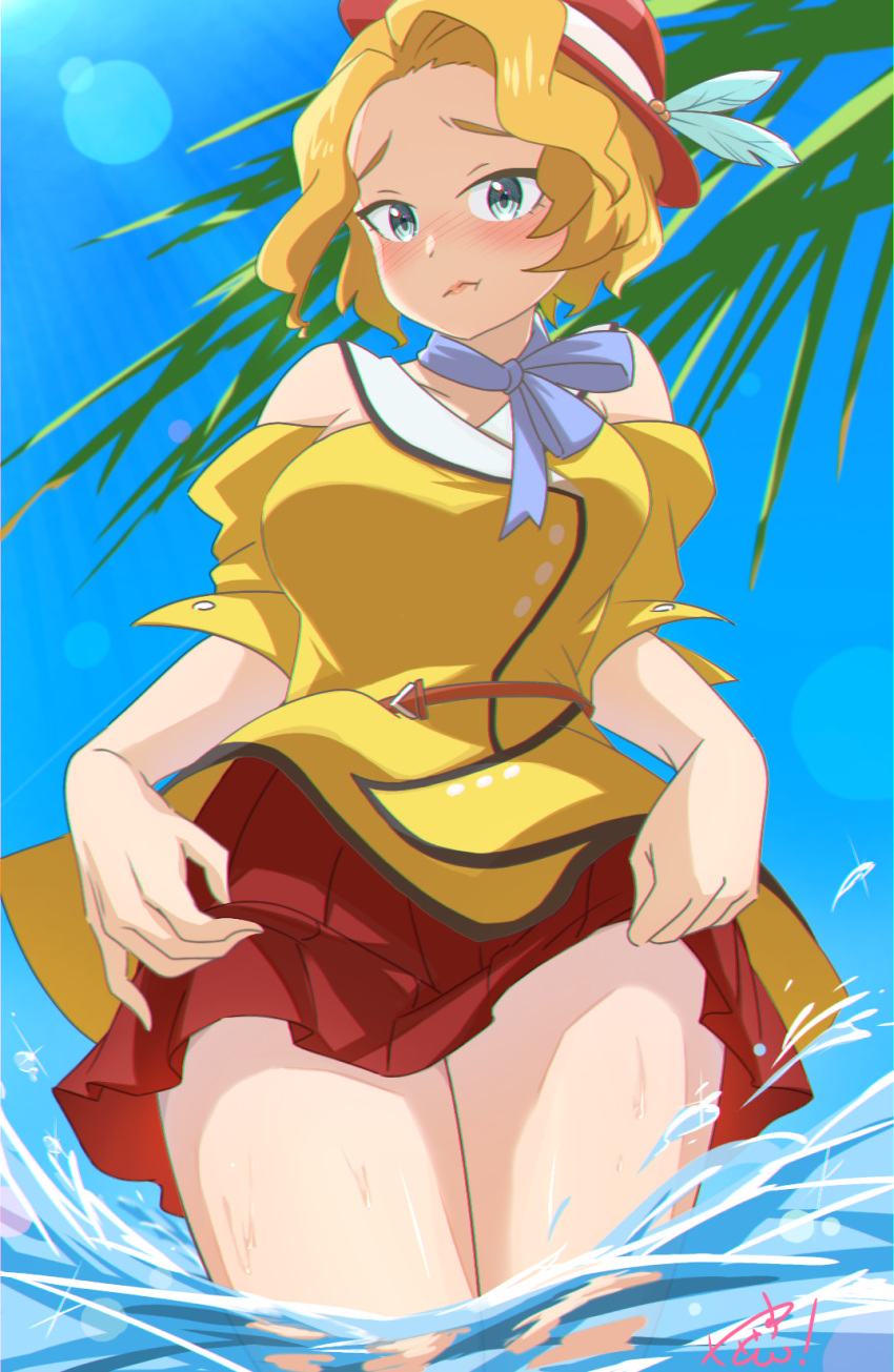 announcer_(appare_ranman!) appare-ranman! blonde_hair blue_neckwear blush day dress female highres looking_at_viewer outdoors pout red_hair red_skirt short_hair skirt skirt_hold solo standing summer wading yasutomo!_(akuasky) yellow_dress