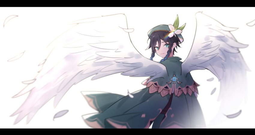 1boy androgynous bad_id bad_twitter_id beret black_hair blue_hair blurry braid cape english_text feathered_wings feathers from_behind genshin_impact gradient_hair green_eyes green_hat hat highres himey looking_at_viewer looking_back male_focus multicolored_hair rainbow short_hair_with_long_locks simple_background smile solo twin_braids venti_(genshin_impact) white_background white_wings wings