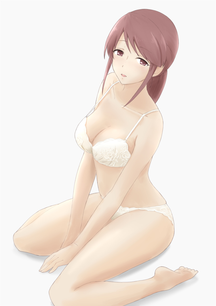 1mm_(norizo) :o barefoot bra breasts brown_hair cleavage collarbone female full_body highres idolmaster idolmaster_cinderella_girls lace-trimmed_bra lace-trimmed_panties lace_trim looking_at_viewer medium_breasts mifune_miyu own_hands_together panties ponytail red_eyes simple_background sitting skindentation solo underwear underwear_only wariza white_bra white_panties