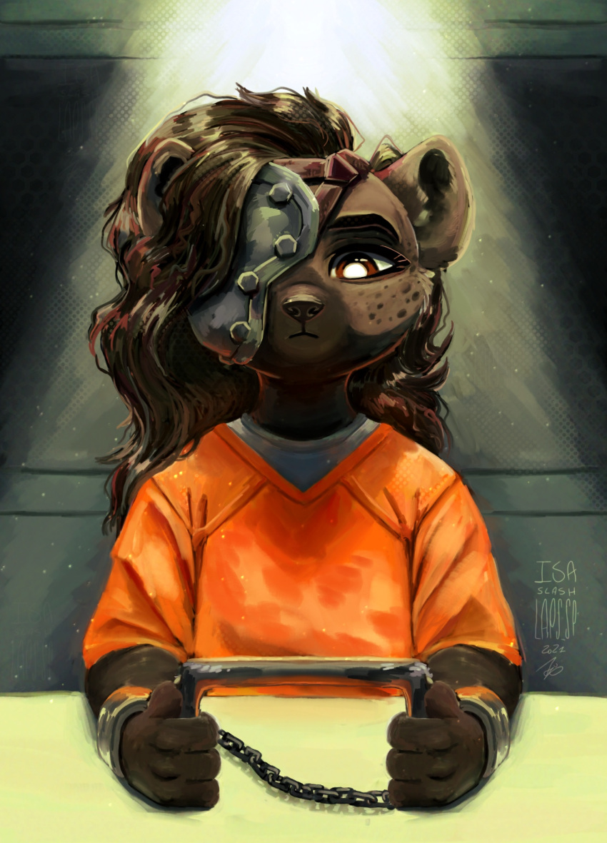 anthro bound brown_hair chained chains clothed clothing cuff_(restraint) digital_media_(artwork) digital_painting_(artwork) dungeon female fully_clothed hair handcuffed handcuffs helena_(bonk6) hi_res hyena inmates_clothing isaspsp light lighting mammal metal_cuffs orange_jumpsuit prison prison_uniform prisoner restrained restraints science_fiction shackles solo spotted_hyena zoo_52