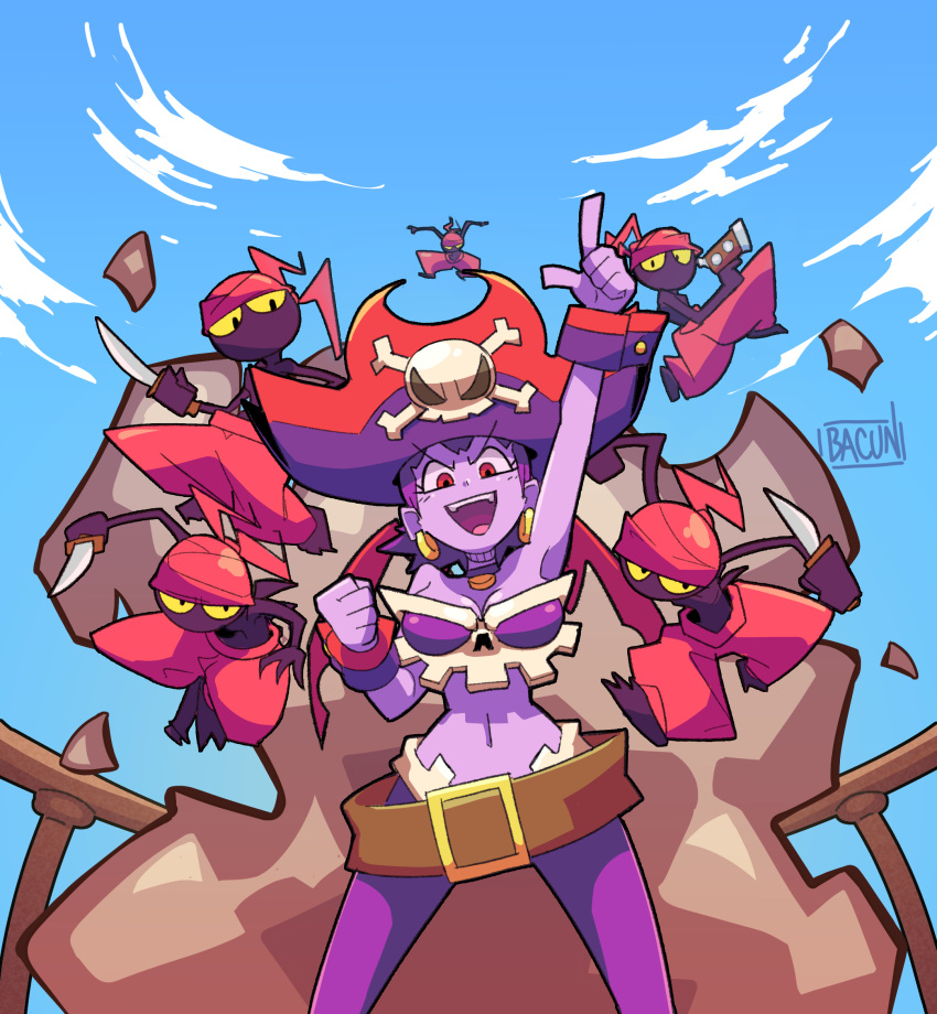 arm_up artist_name bacun breasts cleavage colored_skin day earrings female hat highres index_finger_raised jewelry large_breasts looking_at_viewer multicolored_clothes multicolored_headwear navel open_mouth outdoors pirate_hat purple_hair purple_headwear purple_skin red_eyes red_headwear risky_boots shantae_(series) short_hair skull_and_crossbones sky smile teeth tinkerbat upper_teeth_only