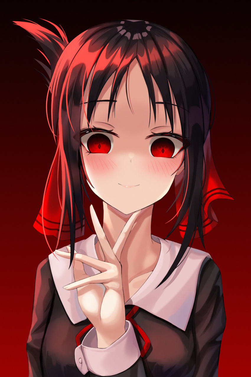 absurdres black_background black_dress blush brown_hair closed_mouth collarbone commentary_request dress female gradient_background highres kaguya-sama_wa_kokurasetai_~tensai-tachi_no_renai_zunousen~ long_sleeves looking_at_viewer neck_ribbon photoshop_(medium) red_background red_eyes red_ribbon ribbon ryon_y0421 sailor_collar sailor_dress school_uniform shinomiya_kaguya shuuchiin_academy_school_uniform smile solo upper_body white_sailor_collar