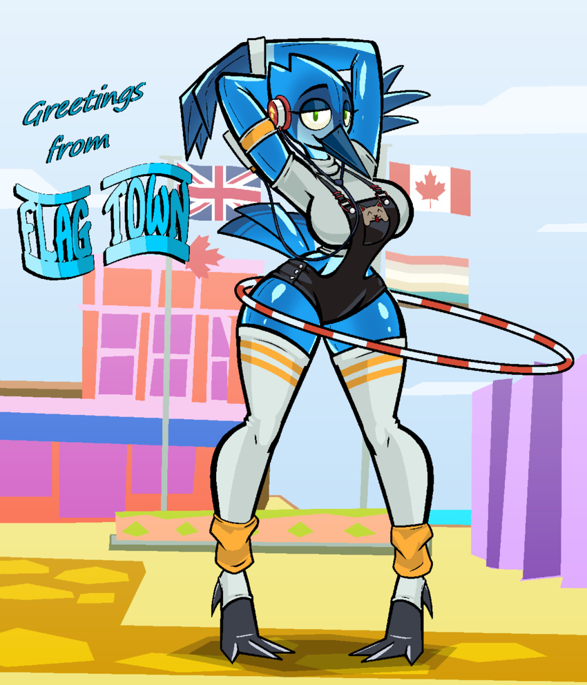 animate_inanimate anthro avian aygee belle_(aygee) bird blue_jay clothing corvid electronics exercise female headphones hi_res hula_hoop inflatable jay_(bird) latex legwear living_inflatable living_latex new_world_jay oscine overalls passerine portable_music_player shirt solo stockings topwear workout workout_clothing yiik:_a_postmodern_rpg