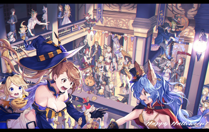 6+boys 6+girls aglovale_(granblue_fantasy) ange_(granblue_fantasy) animal_ears anre_(granblue_fantasy) arulumaya ascot balcony beatrix_(granblue_fantasy) beatrix_(halloween)_(granblue_fantasy) breasts cagliostro_(granblue_fantasy) cake cape charlotta_(granblue_fantasy) commentary_request cookie crossed_arms crown danua draph erune eustace_(granblue_fantasy) eyepatch feather_(granblue_fantasy) ferry_(granblue_fantasy) fif_(granblue_fantasy) food gloves granblue_fantasy hallessena halloween halloween_bucket halloween_costume happy_halloween harvin hat hood horns ink_stain katalina_(granblue_fantasy) korwa lady_grey lancelot_(granblue_fantasy) lunalu_(granblue_fantasy) mahira_(granblue_fantasy) mask matsuki_tou melissabelle milleore mimlememel mini_hat multiple_boys multiple_girls mummy party percival_(granblue_fantasy) pumpkin sahli_lao sandalphon_(granblue_fantasy) sarya_(granblue_fantasy) scythe seofon_(granblue_fantasy) seox_(granblue_fantasy) siegfried_(granblue_fantasy) sierokarte skeleton twitter_username vane_(granblue_fantasy) vaseraga vira_(granblue_fantasy) wand witch_hat yaia_(granblue_fantasy) zaja zeta_(granblue_fantasy) zeta_(halloween)_(granblue_fantasy)