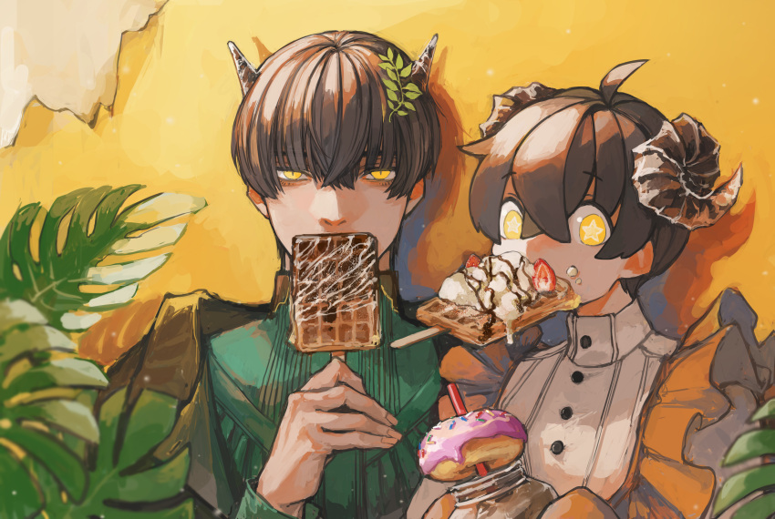 2boys absurdres ahoge blurry blurry_foreground brown_hair brown_jacket buttons chocolate collared_shirt commentary covered_mouth doughnut drinking_straw eating fatalbug896 food food_in_mouth food_on_face frills fruit green_shirt hair_between_eyes highres holding holding_food holding_jar horns jacket jacket_on_shoulders jar leaf long_sleeves looking_at_viewer male_focus mason_jar multiple_boys nichts_(fatalbug896) original philodendron plant shirt short_hair slit_pupils star-shaped_pupils star_(symbol) strawberry sweets symbol-shaped_pupils upper_body waffle whipped_cream white_shirt wille_(fatalbug896) yellow_background yellow_eyes