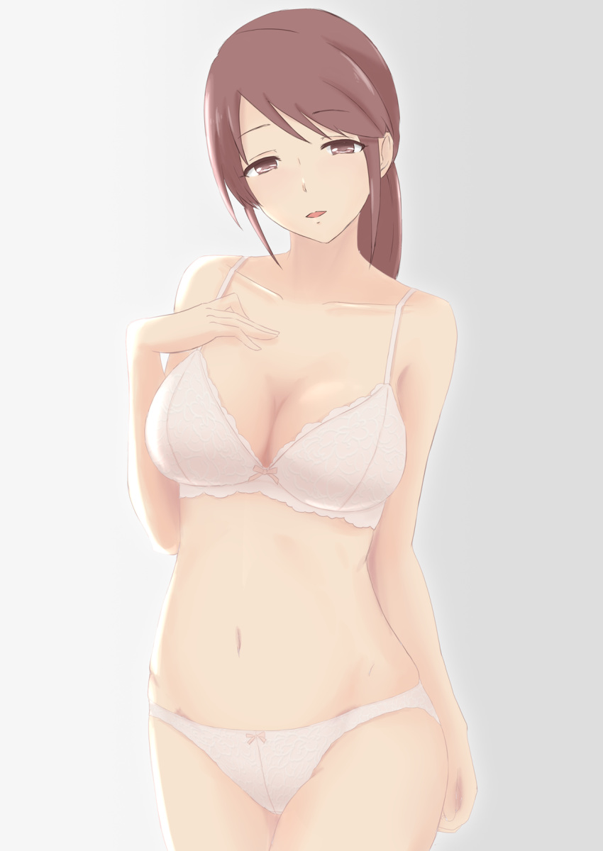 1mm_(norizo) bra breasts brown_hair cleavage collarbone cowboy_shot female groin hand_on_own_chest highres idolmaster idolmaster_cinderella_girls lace-trimmed_bra lace-trimmed_panties lace_trim light_smile looking_at_viewer mifune_miyu navel panties ponytail red_eyes simple_background solo underwear underwear_only white_bra white_panties