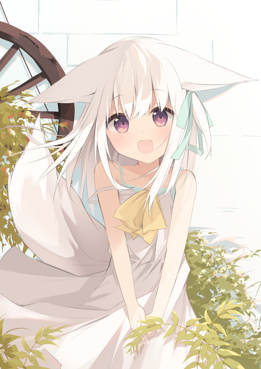 :d animal_ears bare_arms bare_shoulders blush bow brown_eyes collarbone commentary_request dress female fox_ears fox_girl fox_tail green_ribbons hair_between_eyes hair_ribbon highres kushida_you long_hair looking_at_viewer one_side_up original ribbon sleeveless sleeveless_dress smile solo strap_slip tail very_long_hair white_dress white_hair yellow_bow