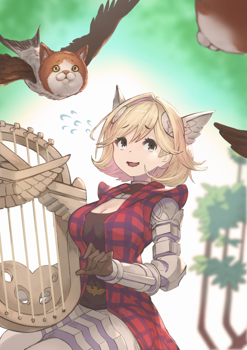 bird black_eyes black_shirt blonde_hair blurry blurry_background breasts cleavage commentary depth_of_field djeeta_(granblue_fantasy) feline female flying_sweatdrops fusion granblue_fantasy harada_isuka harp highres holding holding_instrument instrument jacket looking_at_viewer lumberjack_(granblue_fantasy) mechanical_arms mechanical_legs medium_breasts open_mouth owlcat red_jacket shirt short_hair single_mechanical_arm sitting smile solo wavy_mouth wing_hair_ornament