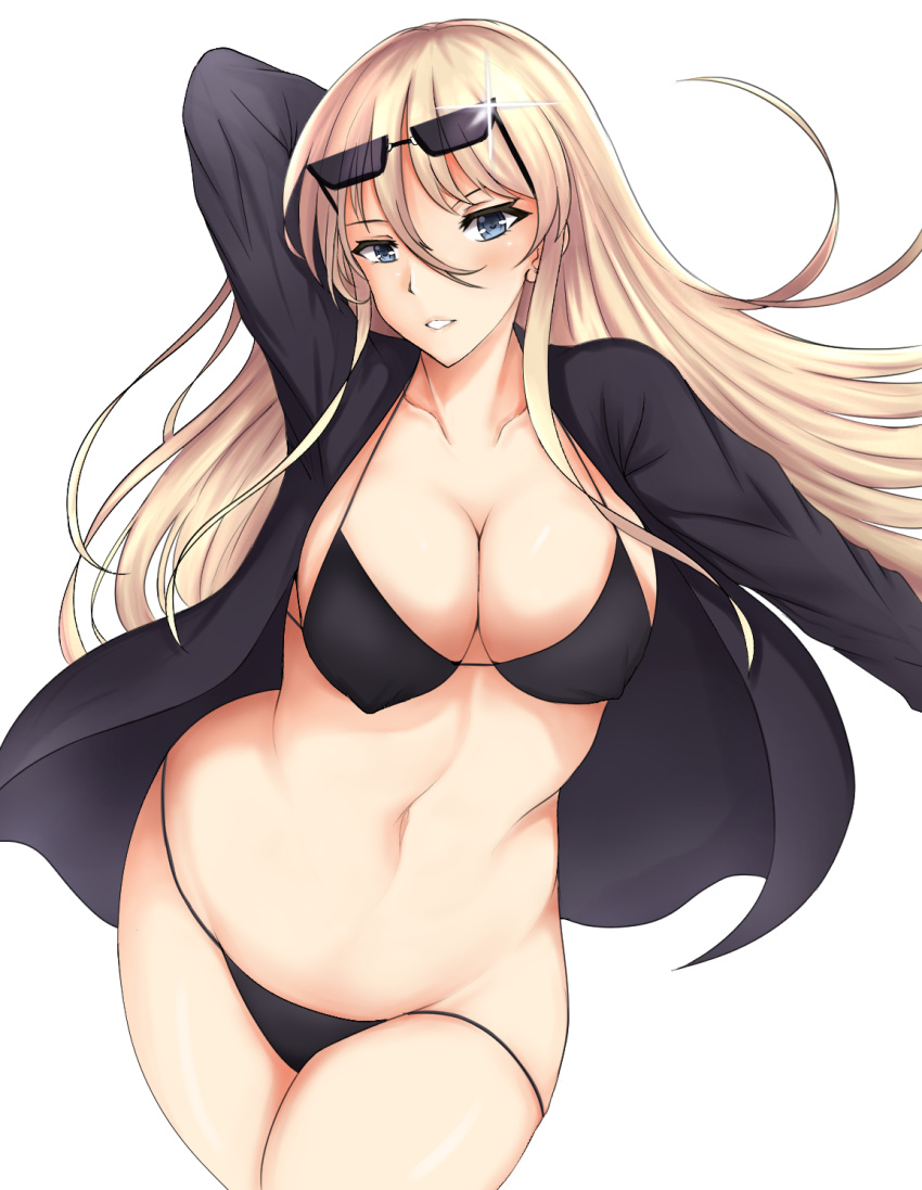 adone_(pluemza021) azur_lane bikini bismarck_(azur_lane) black_bikini black_coat blonde_hair blue_eyes breasts cleavage coat eyewear_on_head female highres large_breasts long_hair open_clothes open_coat solo swimsuit white_background