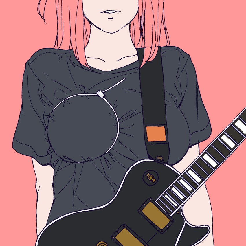 bocchi_the_rock! breasts cable_tie collarbone commentary_request electric_guitar female flat_color gibson_les_paul gotoh_hitori guitar head_out_of_frame highres holding holding_instrument instrument large_breasts long_hair onsen_tamago_(hs_egg) parted_lips pink_background pink_hair short_sleeves solo standing tied_breast upper_body