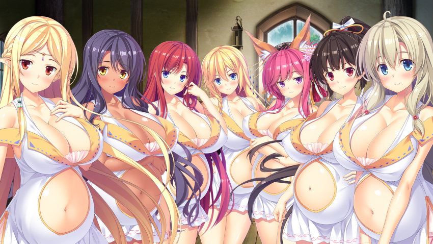 alencia_jonah_elborg animal_ears anna_hylitte blush breasts cleavage dark_skin elda_hylitte eritte game_cg group hinata_nao kashima_hikari long_hair madellie_parnepoli makibashira_yuuna moonstone_cherry navel pointed_ears pregnant sex_open_world_e_youkoso!