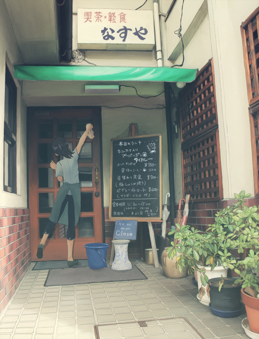 apron awning black_hair bucket cafe capri_pants chalkboard chalkboard_sign cleaning cleaning_windows commentary_request door english_text engrish_text female from_behind highres menu_board original outdoors pants plant potted_plant power_lines ranguage reaching scenery sign solo standing standing_on_one_leg storefront umbrella unagi189 waist_apron waitress window