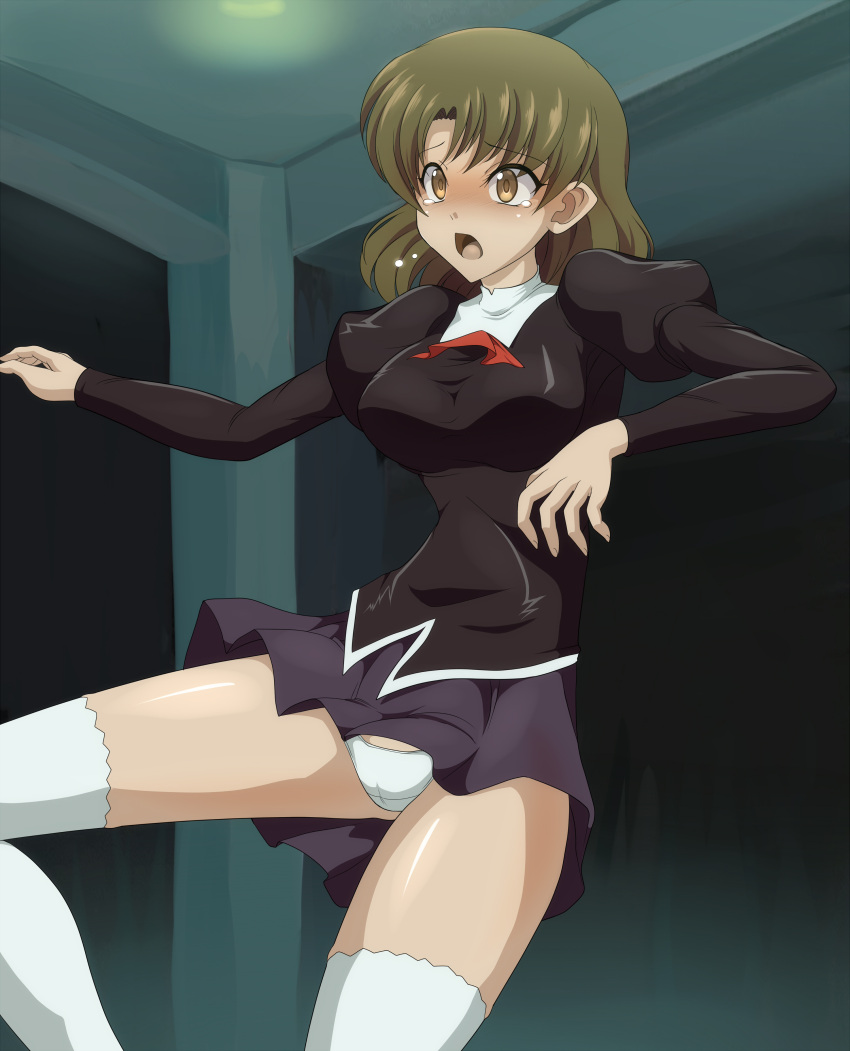 absurdres agent_aika aika_(series) ascot bad_proportions black_delmo black_jacket black_skirt blonde_hair blush breasts brown_eyes clam_curry commentary_request crotch_seam delmogeny_uniform female hands_up highres indoors jacket juliet_sleeves long_sleeves medium_breasts misaki_(agent_aika) nose_blush open_mouth panties pantyshot pleated_skirt puffy_sleeves red_ascot short_hair skirt solo thighhighs thighs underwear uniform white_panties white_thighhighs wind wind_lift