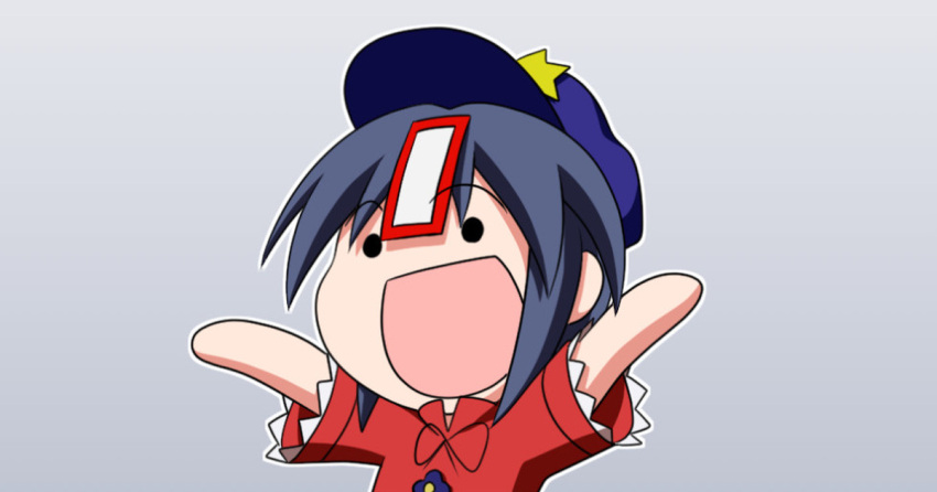 :d arms_up black_ribbon cabbie_hat chibi commentary_request female grey_background hair_ornament happy hat jiangshi miyako_yoshika ofuda open_mouth outline purple_hair purple_hat rakugaki-biyori red_shirt ribbon shirt short_hair short_sleeves simple_background smile solo star_(symbol) star_hair_ornament touhou upper_body white_outline