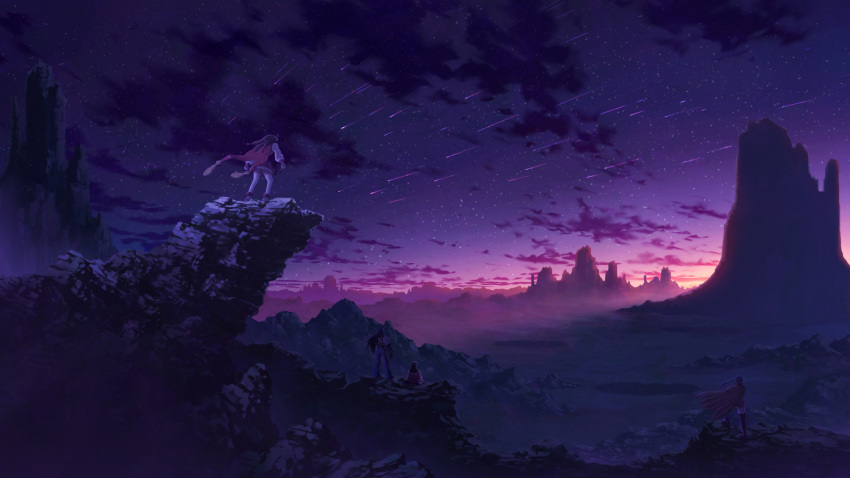 brad_evans brown_hair cloud den_dengaku dress highres kanon_(wild_arms_2) lilka_eleniak mountainous_horizon multiple_boys multiple_girls night night_sky outdoors photoshop_(medium) purple_sky purple_theme scenery shooting_star sky star_(sky) tim_rhymeless wild_arms wild_arms_2