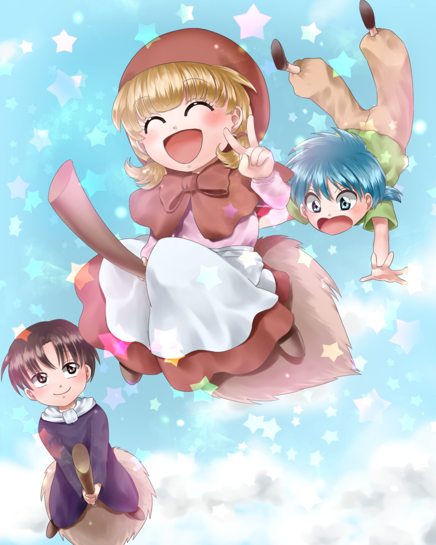 2boys akazukin_chacha blonde_hair blue_eyes blue_hair broom broom_riding brown_eyes brown_hair chacha_(akazukin_chacha) commentary_request falling female highres multiple_boys open_mouth riiya_(akazukin_chacha) shiine_(akazukin_chacha) smile star_(symbol) v wasabi_(legemd)