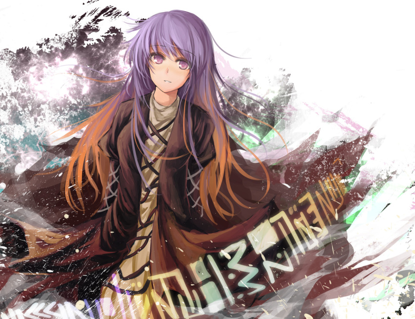 blonde_hair breasts commentary_request dress female gradient_hair hijiri_byakuren juliet_sleeves long_hair long_sleeves looking_at_viewer metalwasabi multicolored_hair photoshop_(medium) puffy_sleeves purple_eyes purple_hair small_breasts smile solo sorcerer's_sutra_scroll touhou two-tone_hair