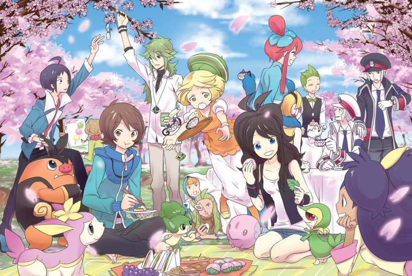 5girls 6+boys :t ^_^ apron arm_around_shoulder arm_up art_brush barefoot berry_(pokemon) bianca_(pokemon) black_hat blanket blonde_hair blue_gloves blue_sky bluk_berry bow bowtie breast_rest breasts brown_hair burgh_(pokemon) canvas_(object) chandelure cheren_(pokemon) cherry_blossoms chopsticks cilan_(pokemon) climbing closed_eyes clumsy coat commentary_request cube cup dango dark_skin day deerling deerling_(spring) easel eating elesa_(pokemon) emmet_(pokemon) food food_on_face ghetsis_(pokemon) glasses gloves grass green_eyes green_hair hair_ornament hanami hand_on_another's_shoulder hat hat_loss head_rest hiding hilbert_(pokemon) hilda_(pokemon) holding holding_cup holding_ears holding_food holding_leaf indian_style ingo_(pokemon) iris_(pokemon) kneeling kuronomine leaf litwick long_hair long_sleeves looking_at_another looking_up matching_outfits medium_breasts multiple_boys multiple_girls munna n_(pokemon) nature no_headwear objectification onigiri orange_legwear outdoors paintbrush painting_(action) painting_(object) pansage pants pantyhose peaked_cap pecha_berry petals picnic pignite pokemon pokemon_(creature) pokemon_bw puffy_short_sleeves puffy_sleeves purple_hair red_hair sandwich sanshoku_dango seiza serving short_sleeves shorts sitting skirt sky skyla_(pokemon) sleeveless small_breasts smile snivy spill spring_(season) surprised table tablecloth tea teacup team_plasma team_plasma_grunt teapot themed_object traditional_bowtie tray tree tripping under_the_table unworn_eyewear unworn_hat unworn_headwear vest wagashi waistcoat waiter white_apron white_gloves white_hat yunomi