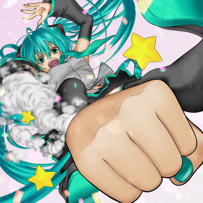 android aqua_eyes aqua_hair bare_shoulders boots clenched_hand commentary_request detached_sleeves female fenrir_(fenlil0316) hatsune_miku highres long_hair nail_polish necktie photoshop_(medium) rocket_punch skirt solo thigh_boots thighhighs twintails very_long_hair vocaloid