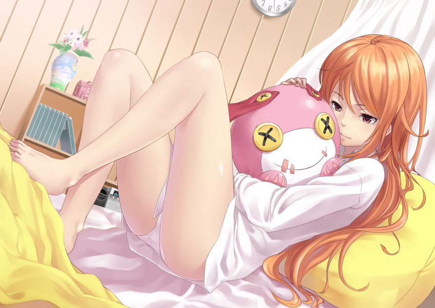 analog_clock bad_id bad_pixiv_id bare_legs barefoot bed book bookshelf clock curtains dutch_angle female flower indoors long_hair lying no_pants on_back orange_hair original panties pillow pink_eyes shirt sitting smile solo tokumaro underwear vase wall_clock white_panties white_shirt