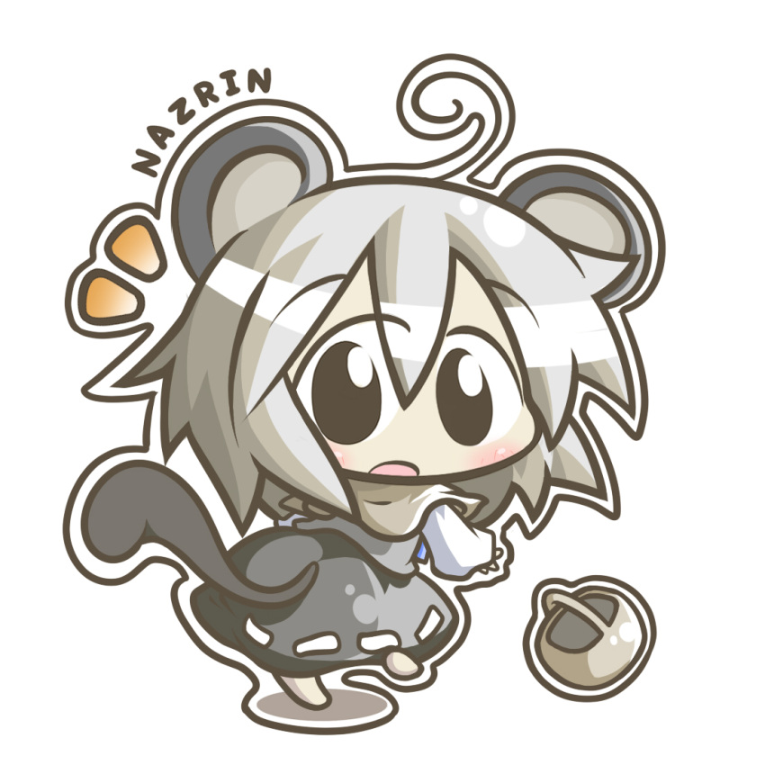 animal_ears aoblue basket blush character_name chibi commentary_request female looking_at_viewer mouse_ears mouse_tail nazrin open_mouth simple_background solo tail touhou white_background