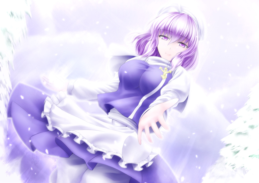 apron breasts commentary_request female hat large_breasts letty_whiterock outstretched_hand purple_eyes purple_hair shirt short_hair skirt skirt_set smile snow snowing solo touhou tree waist_apron y2