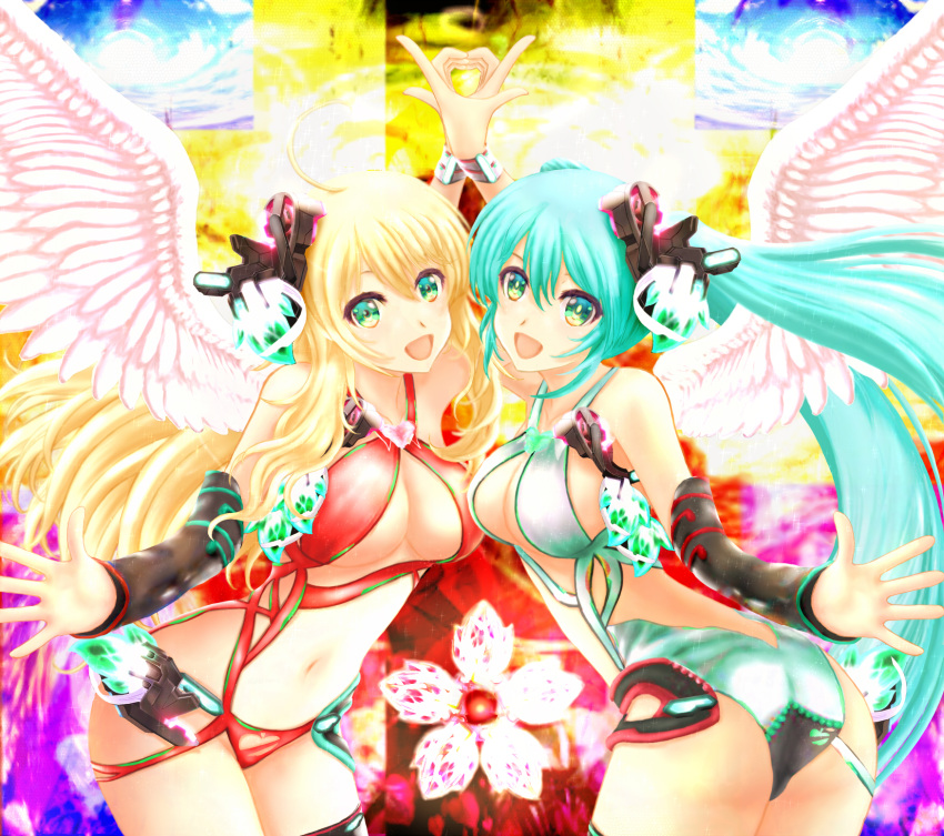 2girls aqua_hair ass baunzel blonde_hair breasts cleavage commentary_request green_eyes hatsune_miku highres hoshii_miki idolmaster idolmaster_(classic) leaning_forward long_hair medium_breasts midriff multiple_girls navel open_mouth smile swimsuit symmetrical_hand_pose symmetry twintails very_long_hair vocaloid wings