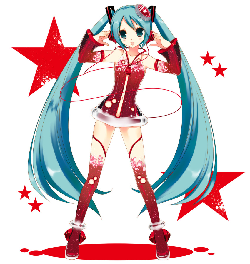 aqua_eyes aqua_hair boots cola_miku female hair_ornament hatsune_miku headphones highres long_hair looking_at_viewer navel open_mouth photoshop_(medium) see-through smile solo star_(symbol) takanae_kyourin thigh_boots thighhighs twintails very_long_hair vocaloid zettai_ryouiki