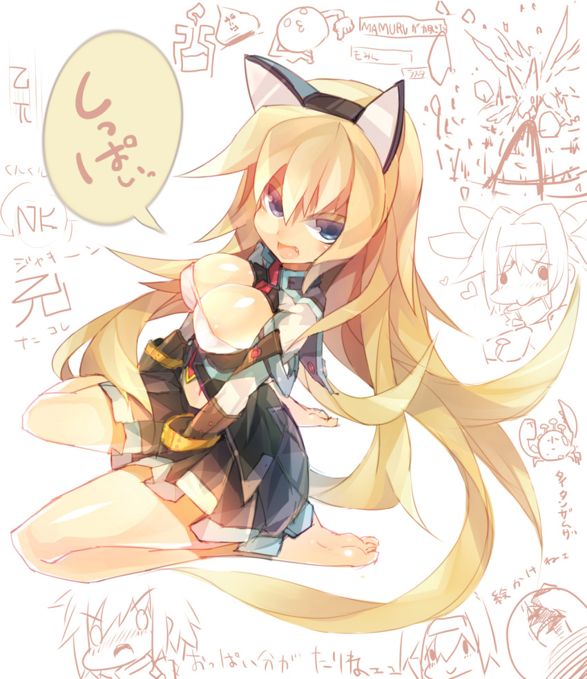 animal_ears barefoot blonde_hair blue_eyes breasts cat_ears character_request check_character cleavage commentary_request fake_animal_ears female highres long_hair mamuru medium_breasts monster_hunter_(character) monster_hunter_(series) monster_hunter_frontier oerba_yun_fang open_mouth sitting skirt solo wariza