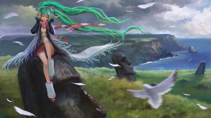 aqua_eyes aqua_hair bikini bikini_top_only bird blurry chile chinese_commentary cliff cloud collaboration commentary_request depth_of_field easter_island feathers female grass hatsune_miku headphones horizon landscape leg_up leg_warmers listening_to_music long_hair moai motion_blur ocean open_clothes open_shirt outdoors photoshop_(medium) plaid plaid_skirt scarf shirt sitting skirt sky solo squinting statue striped_clothes striped_scarf swimsuit twintails very_long_hair vocaloid wind xiaji yang_yang_(tigu)