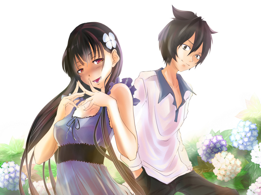 1boy black_hair blush commentary_request dress female flower furuya_chihiro grey_hair hair_ears hair_flower hair_ornament hands_in_pockets highres hydrangea long_hair poker-face-008 red_eyes sanka_rea sankarea short_hair smile