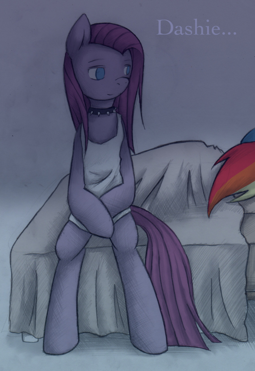 2012 anthro bed blue_body blue_fur clothing collar conditional_dnp duo earth_pony english_text equid equine female friendship_is_magic fur furniture hasbro hi_res horse mammal my_little_pony pinkamena_(mlp) pinkie_pie_(mlp) pony rainbow_dash_(mlp) solo_focus tail text whisperingfornothing