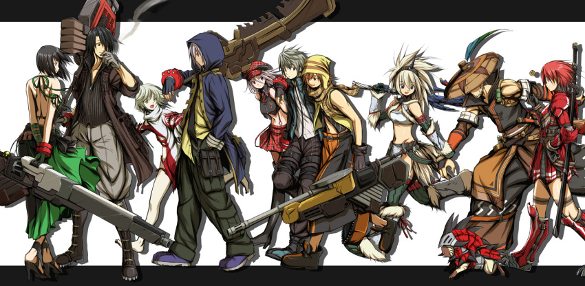 5boys 5girls alisa_ilinichina_amiella amamiya_rindou armor black_hair boots brown_eyes brown_hair chiot_(god_eater) cigarette commentary_request crossover feathers felyne fujiki_kouta gloves god_eater god_eater_burst hairband hat hermitaur_(armor) high_heels highres itouei jacket kirin_(armor) long_hair md5_mismatch midriff monster_hunter_(series) monster_hunter_portable_3rd multiple_boys multiple_girls one_eye_closed open_mouth photoshop_(medium) player_(god_eater_burst) rathalos_(armor) red_hair resolution_mismatch scarf shadow shoes short_hair smoking soma_schicksal source_smaller sweatdrop tachibana_sakuya_(god_eater) thigh_boots thighhighs white_hair yukumo_(armor)