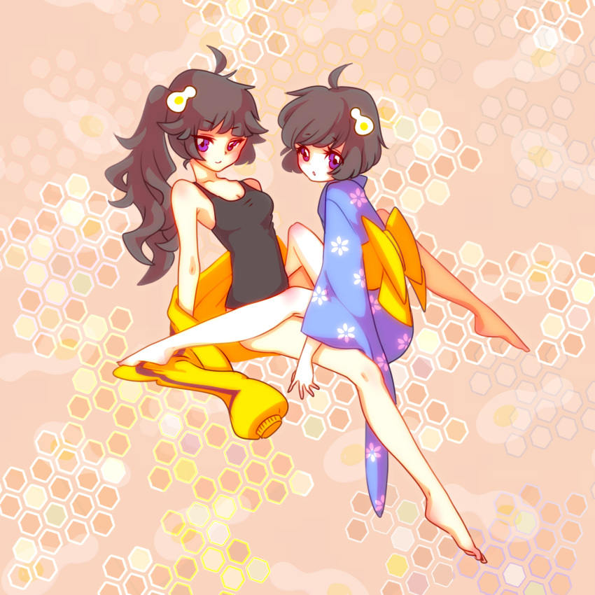 2girls ahoge araragi_karen araragi_tsukihi bare_shoulders barefoot black_hair bob_cut bottomless breasts cleavage commentary_request egg_(food) egg_hair_ornament food food-themed_hair_ornament fried_egg hair_ornament highres honeycomb_(pattern) honeycomb_background incest jacket japanese_clothes kimono long_hair long_legs looking_at_viewer looking_back monogatari_(series) msk multiple_girls nisemonogatari short_hair siblings side_ponytail sisters small_breasts tank_top tribadism unworn_jacket yuri