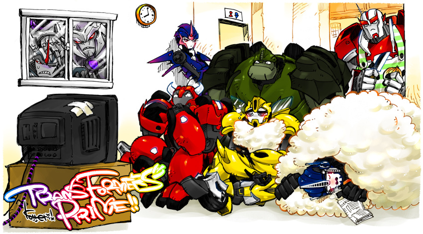 6+boys apron arcee autobot bad_id bad_pixiv_id blanket bulkhead bumblebee_(transformers) cliffjumper decepticon female highres kotteri megatron multiple_boys optimus_prime peeping pillow ratchet_(transformers) robot science_fiction sleeping starscream television transformers transformers_prime window