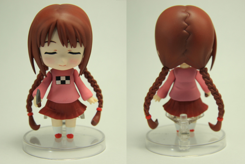 bad_id bad_pixiv_id braid brown_hair closed_eyes female figure knife madotsuki nendoroid photo_(medium) photoshop_(medium) pink_shirt ringoanu shirt skirt smile twin_braids twintails yume_nikki