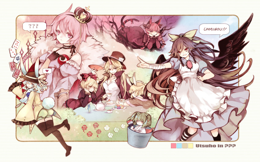 6+girls ? ace_(playing_card) alice_in_wonderland alternate_costume animal_ears apron asymmetrical_legwear bandages black_hair black_socks black_wings blonde_hair bow braid breasts bucket cake card cat_ears cat_tail character_name cleavage commentary cross crown cup dress extra_ears fake_animal_ears fake_tail food gloves green_eyes green_hair hair_ribbon hairbow hand_on_own_hip hands_on_own_cheeks hands_on_own_face hat heart highres hina_(pico) horns hoshiguma_yuugi in_bucket in_container kaenbyou_rin kemonomimi_mode kisume kneehighs komeiji_koishi komeiji_satori kurodani_yamame long_hair medium_breasts mizuhashi_parsee multiple_girls multiple_tails one_eye_closed open_mouth parted_lips pink_eyes pink_hair playing_card pointing pointy_ears rabbit_ears rabbit_tail red_eyes red_hair reiuji_utsuho ribbon sakazuki short_hair single_horn small_breasts smile socks striped_clothes striped_socks subterranean_animism tail tea_set teapot thighhighs third_eye top_hat touhou tree twin_braids umaibou uneven_legwear wide_sleeves wings zettai_ryouiki