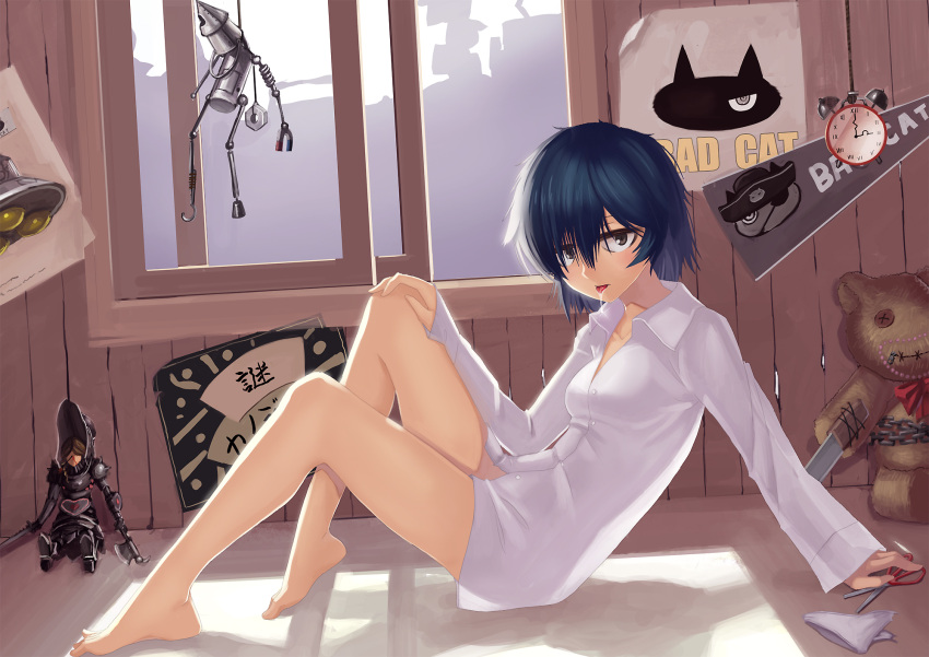 barefoot bed black_eyes blue_hair bottomless commentary_request female hair_over_one_eye highres indoors legs majicjiang naked_shirt nazo_no_kanojo_x photoshop_(medium) saliva saliva_trail shirt short_hair sitting solo urabe_mikoto window