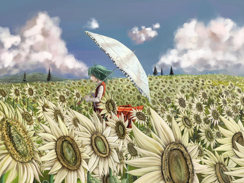 bad_id bad_pixiv_id closed_eyes female flower garden_of_the_sun green_hair highres kazami_yuuka marubororaito plaid plaid_skirt profile short_hair skirt smile solo sunflower touhou umbrella